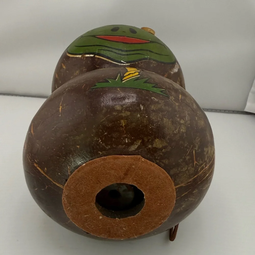 Vintage Handcrafted Wind Chime Coconut Shell Frog & Mushroom